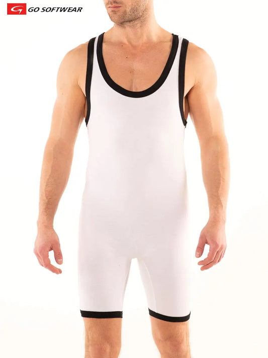 Men's white wrestling singlet with black trim made by Go Softwear featuring a sleeveless design and fitted shorts.