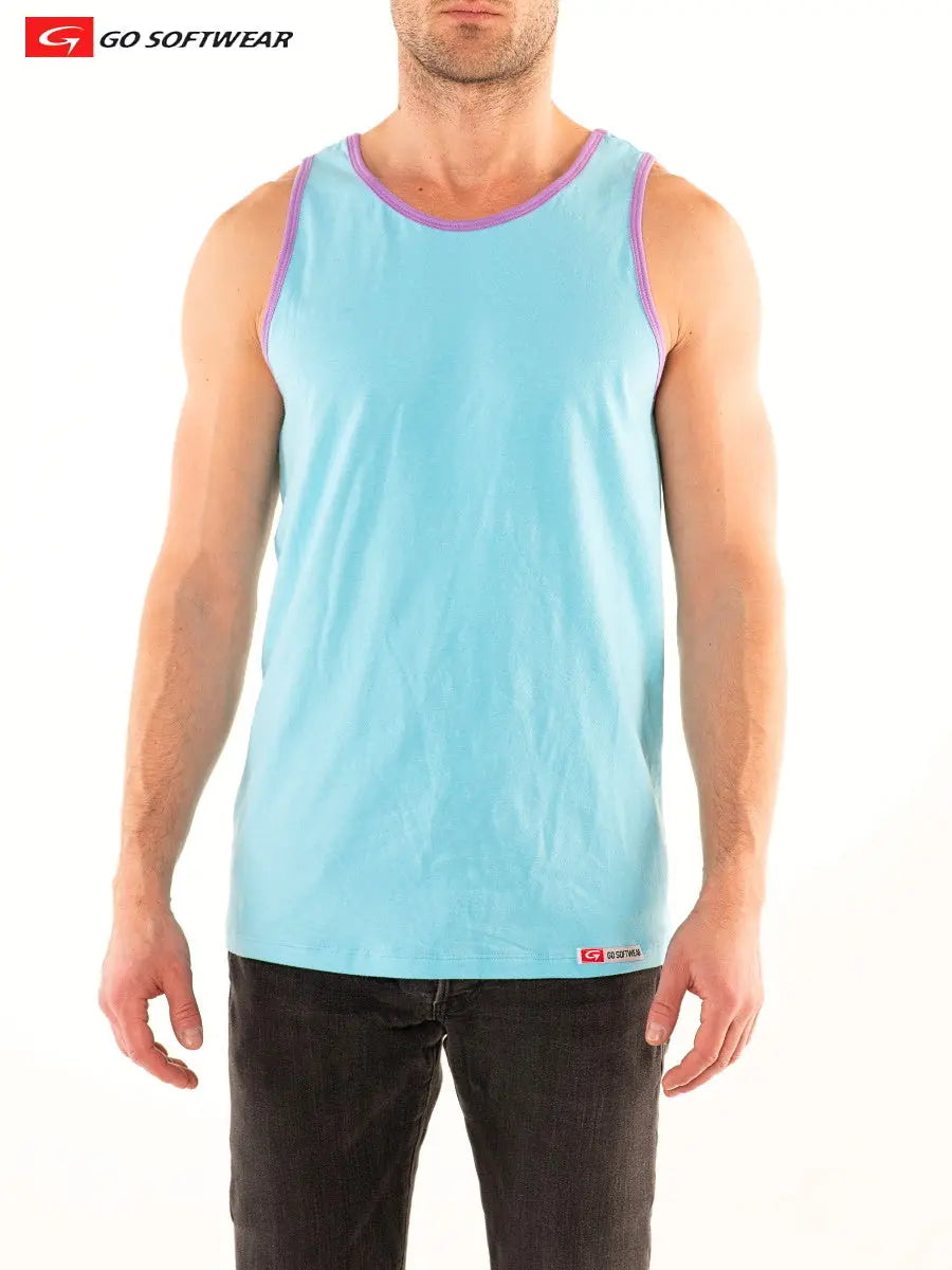 Aqua blue men's tank top with purple trim worn by a model made by Go Softwear featuring a classic cut and comfortable fit