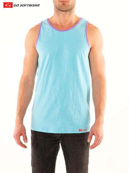 Aqua blue men's tank top with purple trim worn by a model made by Go Softwear featuring a classic cut and comfortable fit