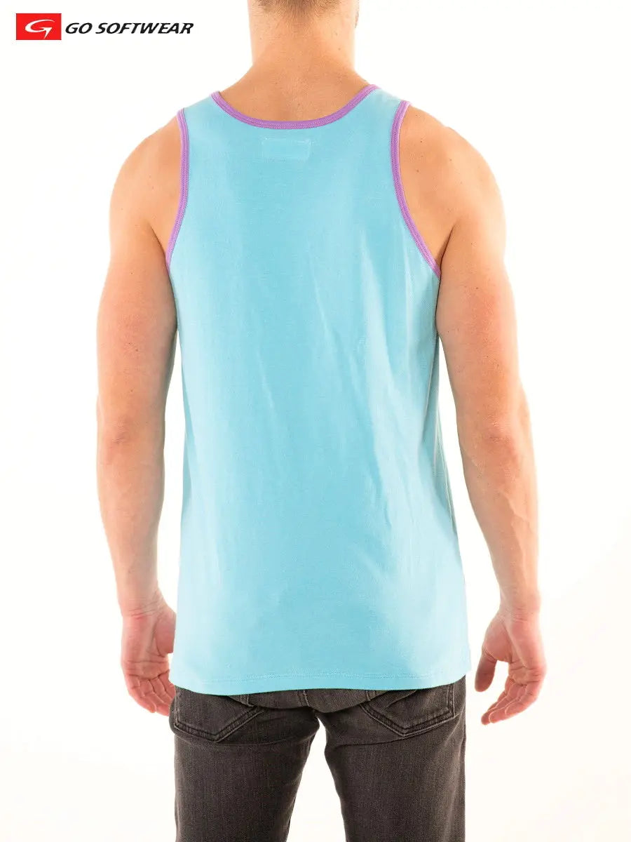 Aqua blue men's tank top with purple trim shown from the back worn by a model by Go Softwear