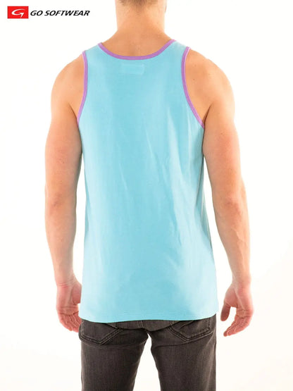 Aqua blue men's tank top with purple trim shown from the back worn by a model by Go Softwear