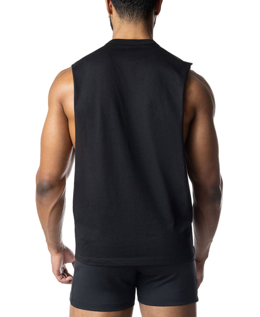 Back view of a person wearing a solid black tank top against a white background.