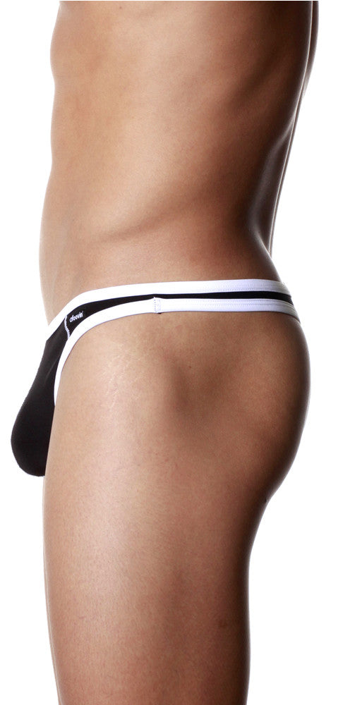 Black and white groovin underwear accent thong with sleek minimalist design shown from the back side