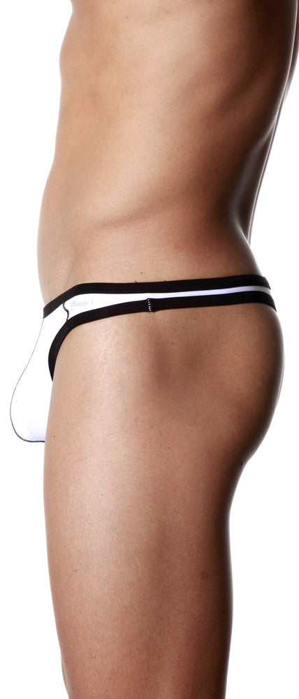 White groovin underwear accent thong with black trim and small logo on the side showing front view