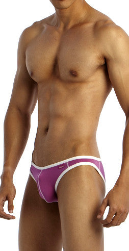 Purple and white groovin underwear accent v-cut bikini briefs with sleek form-fitting athletic design
