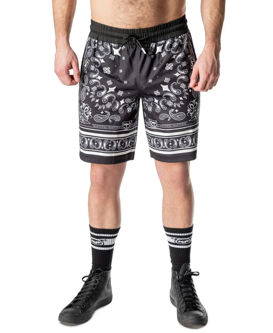Hank classic short black shorts with white bandana pattern decorative trim elastic waistband and drawstring