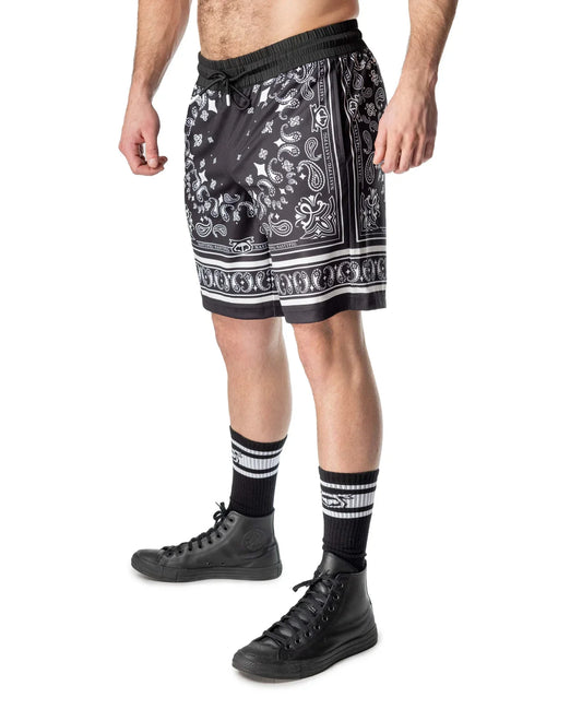 Black hank classic shorts featuring bandana pattern with white paisley and border details