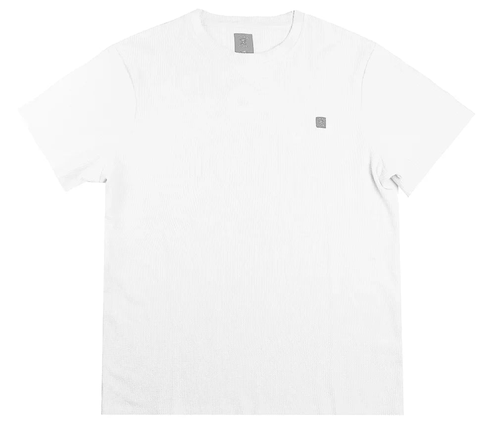 White hard luck waffle weave tee with short sleeves and subtle gray square logos on collar and chest