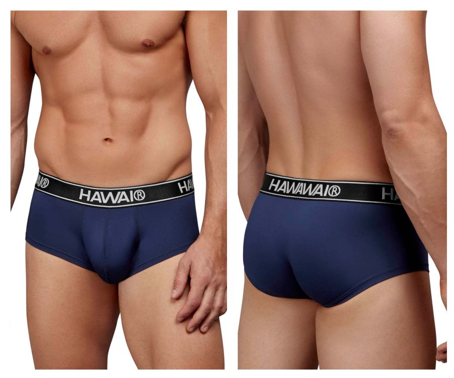 Navy blue Hawaiian brand microfiber briefs with a black elastic waistband featuring white lettering model HAWAI 41961