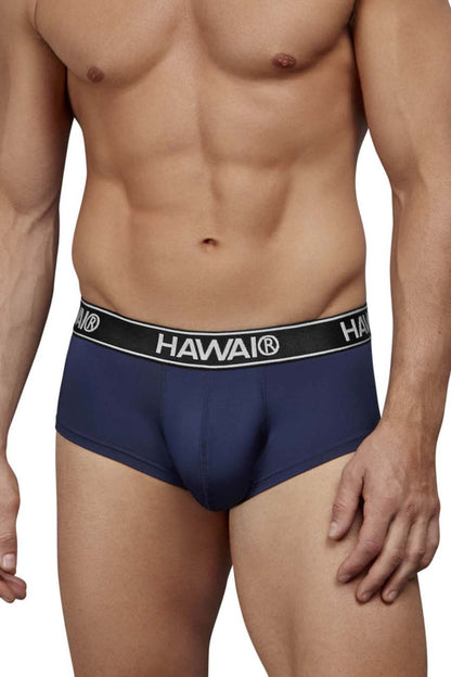 Navy blue Hawai microfiber briefs with a black waistband featuring white Hawai lettering front view