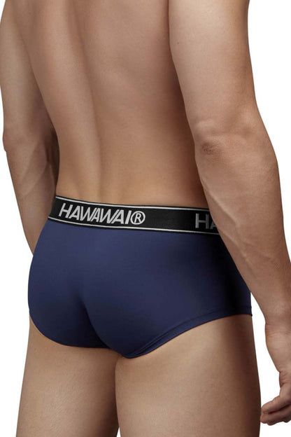 Navy blue microfiber hawaiian briefs with black waistband featuring white hawaiian lettering and logo
