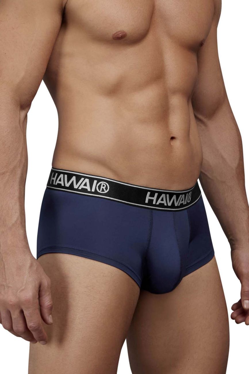 Navy blue HAWAI 41961 microfiber men’s briefs with black elastic waistband and white brand lettering