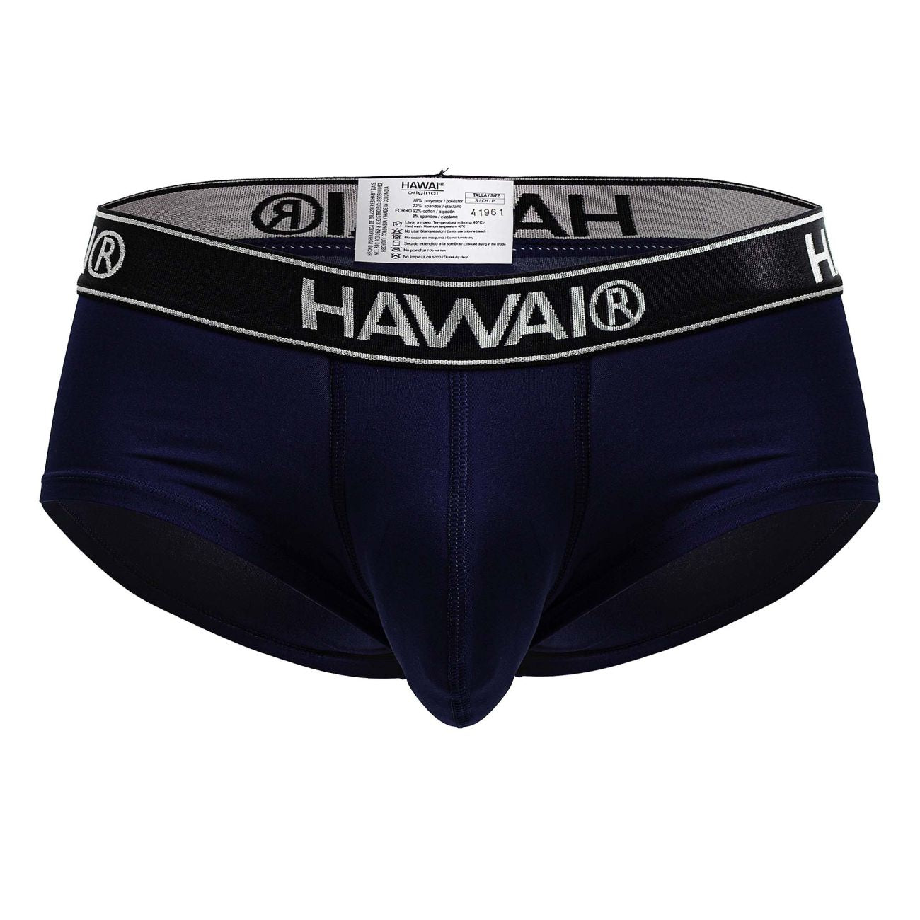 Navy blue Hawai men’s microfiber briefs with black elastic waistband featuring white lettering and trim