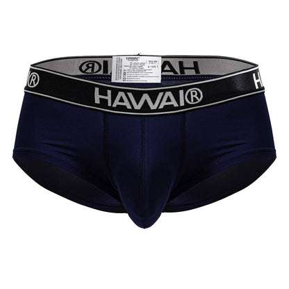 Navy blue Hawai men’s microfiber briefs with black elastic waistband featuring white lettering and trim