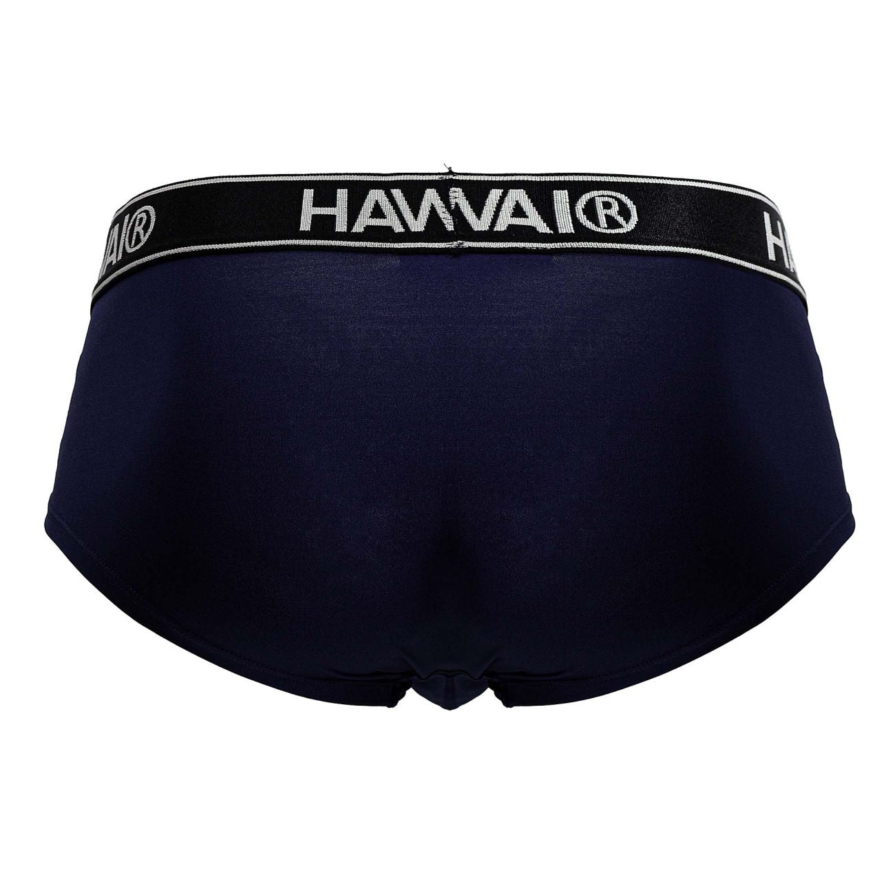 Navy blue Hawai microfiber briefs with a black elastic waistband featuring white embroidered lettering
