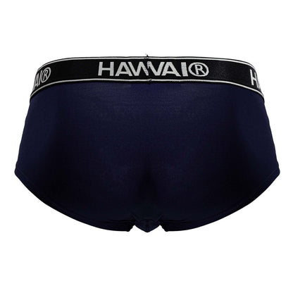Navy blue Hawai microfiber briefs with a black elastic waistband featuring white embroidered lettering
