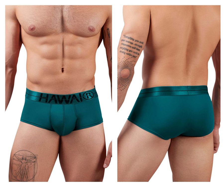 Teal satin waistband microfiber briefs in green with black hawai logo for comfortable everyday wear
