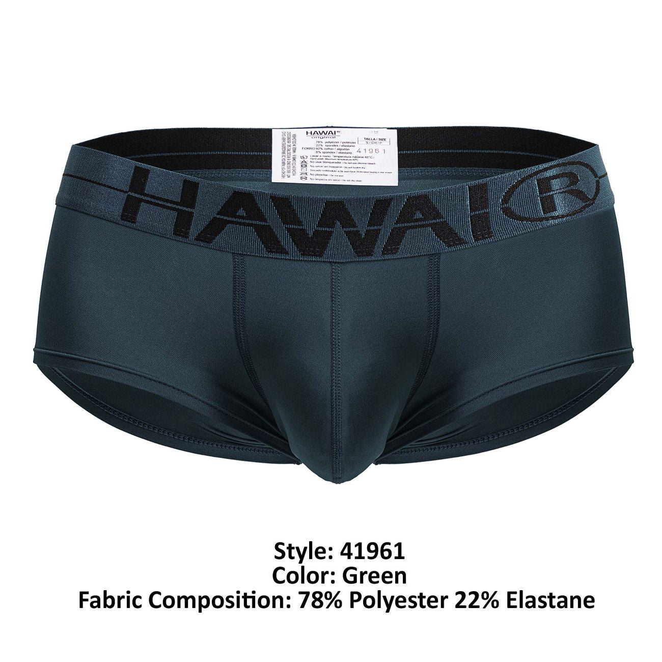Dark green Hawaii 41961 microfiber briefs with black elastic waistband featuring brand name and logo