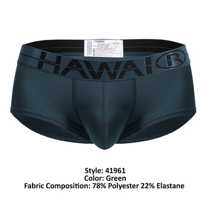 Dark green Hawaii 41961 microfiber briefs with black elastic waistband featuring brand name and logo