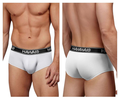 White havaianas men’s microfiber briefs with a black elastic waistband featuring the brand name in white lettering