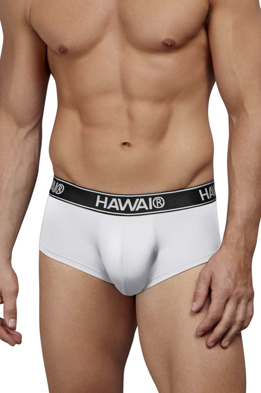 White men’s microfiber briefs with black waistband and hawaii brand name in white lettering color white
