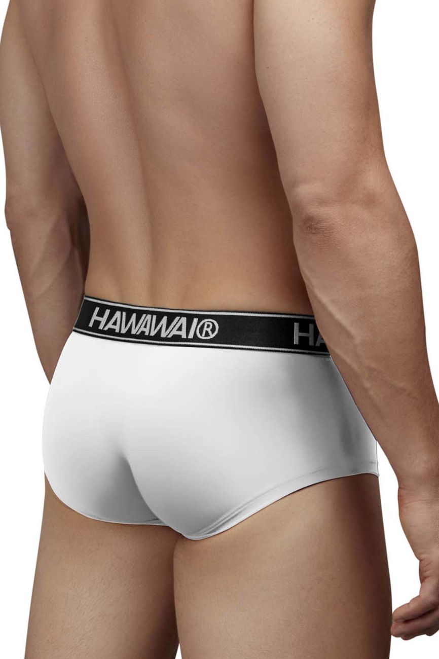 White hawaiian microfiber briefs with black elastic waistband featuring the brand name in white lettering