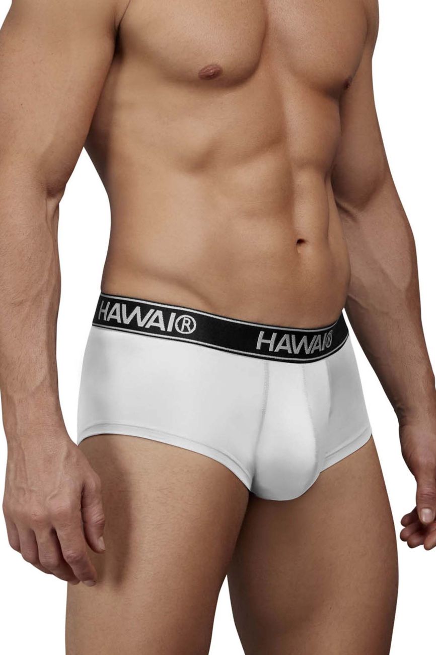 White hawai microfiber men’s briefs with black elastic waistband featuring brand name in white lettering