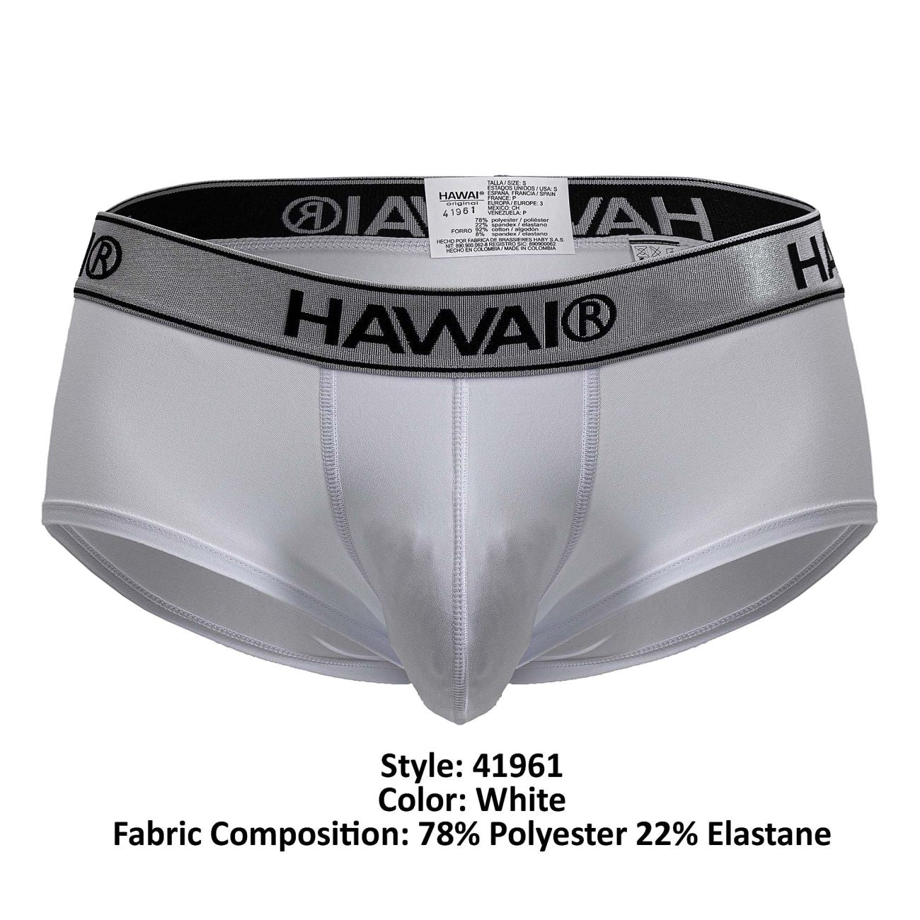 White hawai 41961 microfiber men’s briefs with a silver elastic waistband featuring black lettering and logo