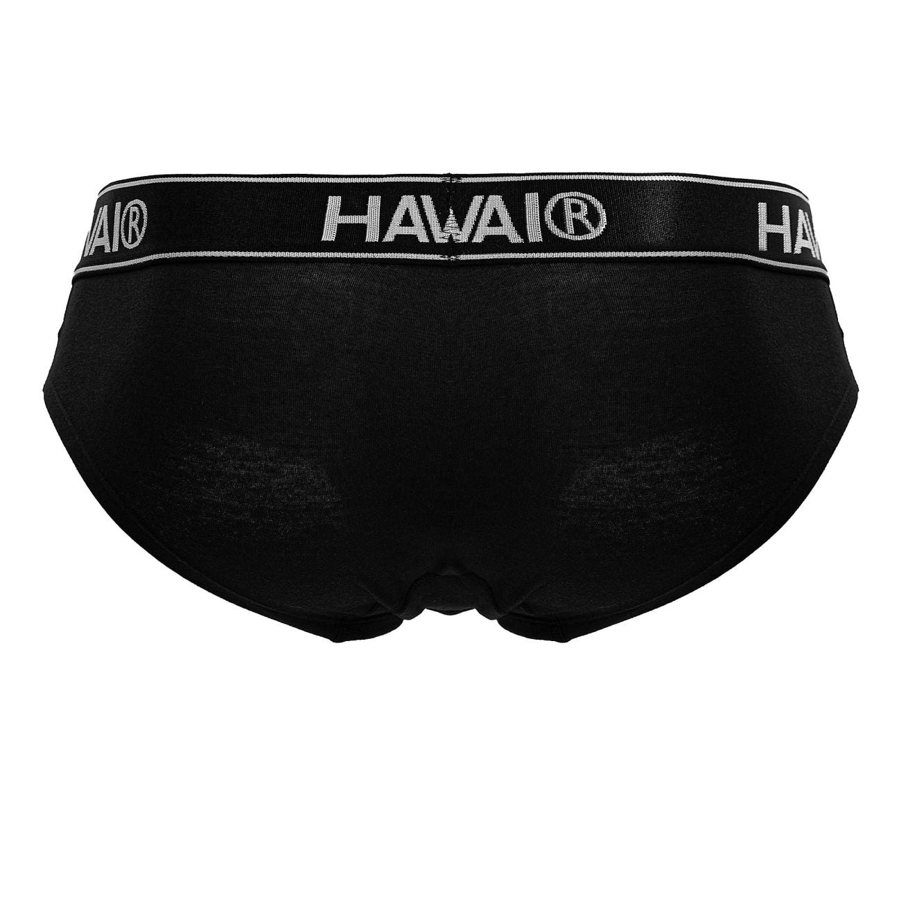 Black Hawai brand cotton blend briefs in black with a contrasting white logo waistband front view