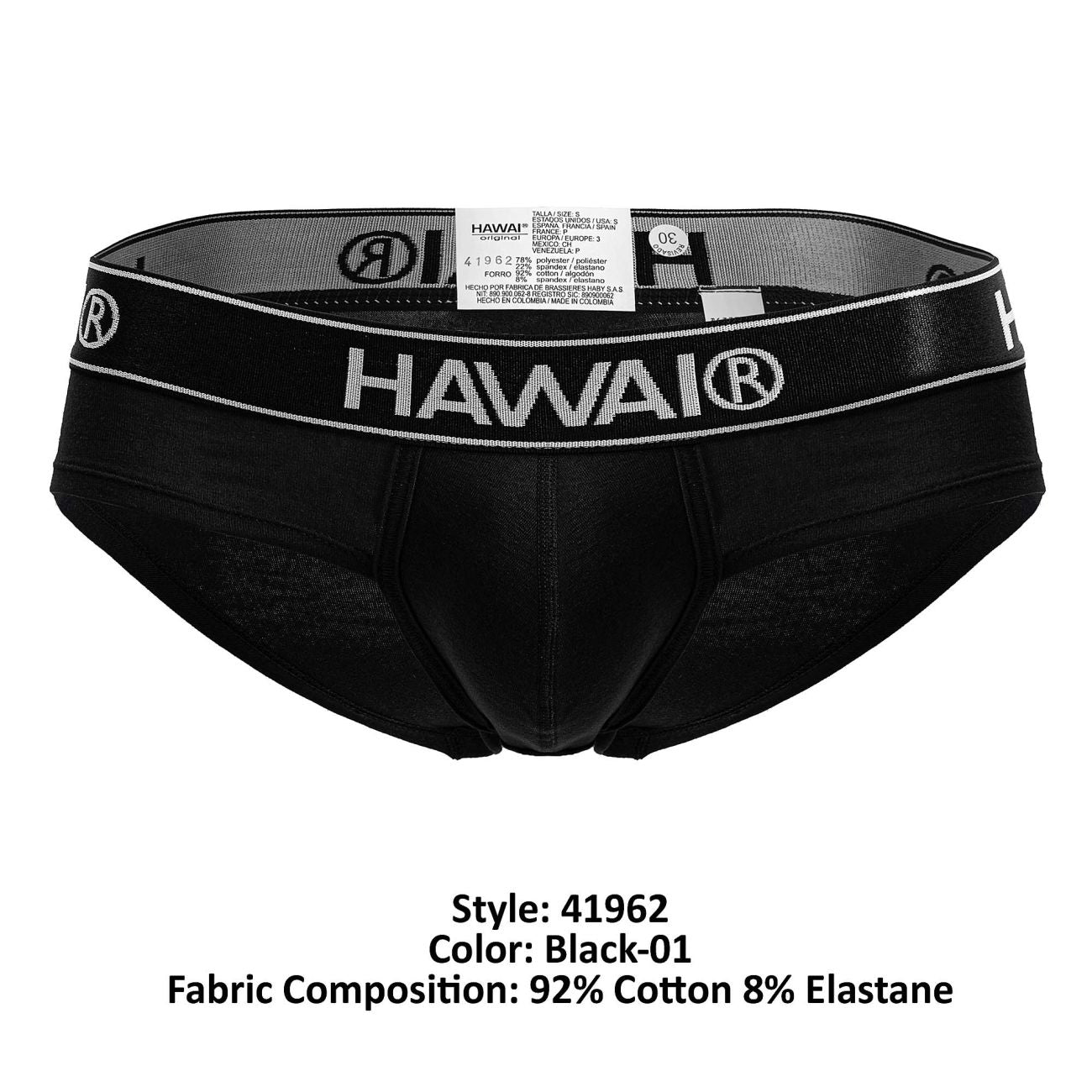 Black Hawai 41962 cotton blend briefs in black with a sleek form-fitting design and white branded waistband