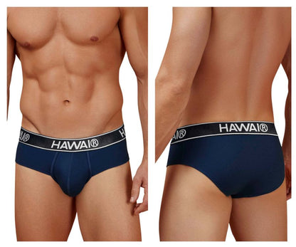 Navy blue hawai brand briefs with black elastic waistband white lettering made of cotton blend for comfortable wear