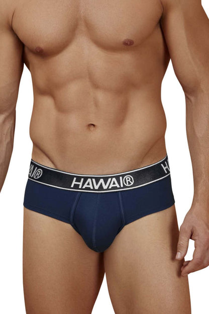 Navy blue Hawai 41962 cotton blend briefs with black waistband featuring white lettering and logo front view