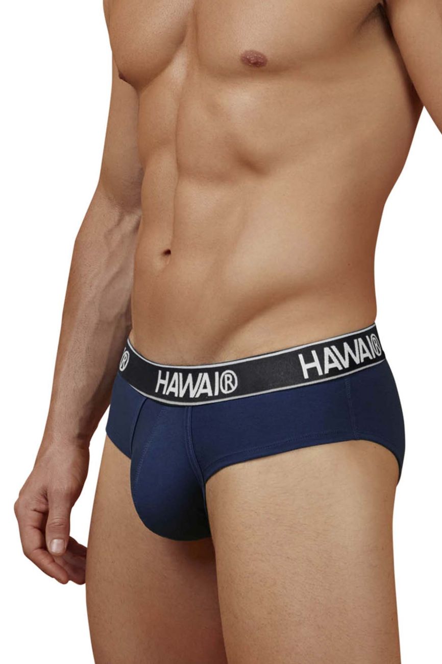 Navy blue Hawai cotton blend briefs with black elastic waistband featuring white Hawai lettering front view
