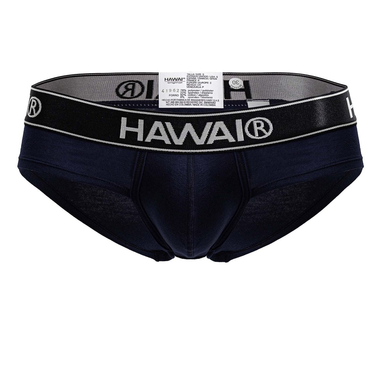 Navy blue Hawai 41962 cotton blend briefs with black waistband featuring white logo and lettering details