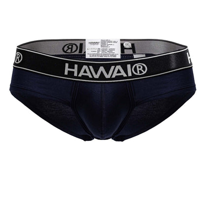 Navy blue Hawai 41962 cotton blend briefs with black waistband featuring white logo and lettering details