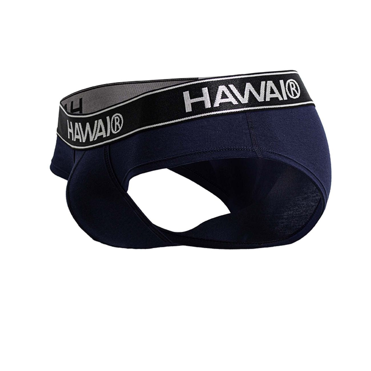 Navy blue Hawai 41962 cotton blend briefs with black and white elastic waistband in front view