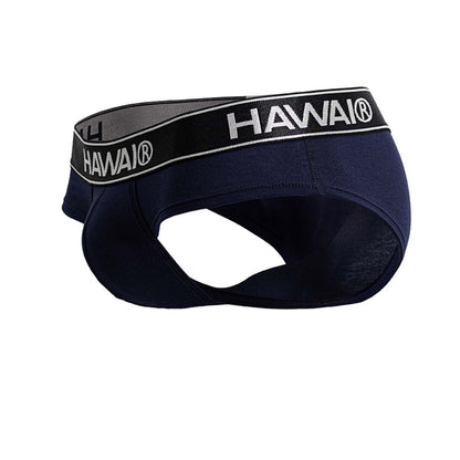 Navy blue Hawai 41962 cotton blend briefs with black and white elastic waistband in front view