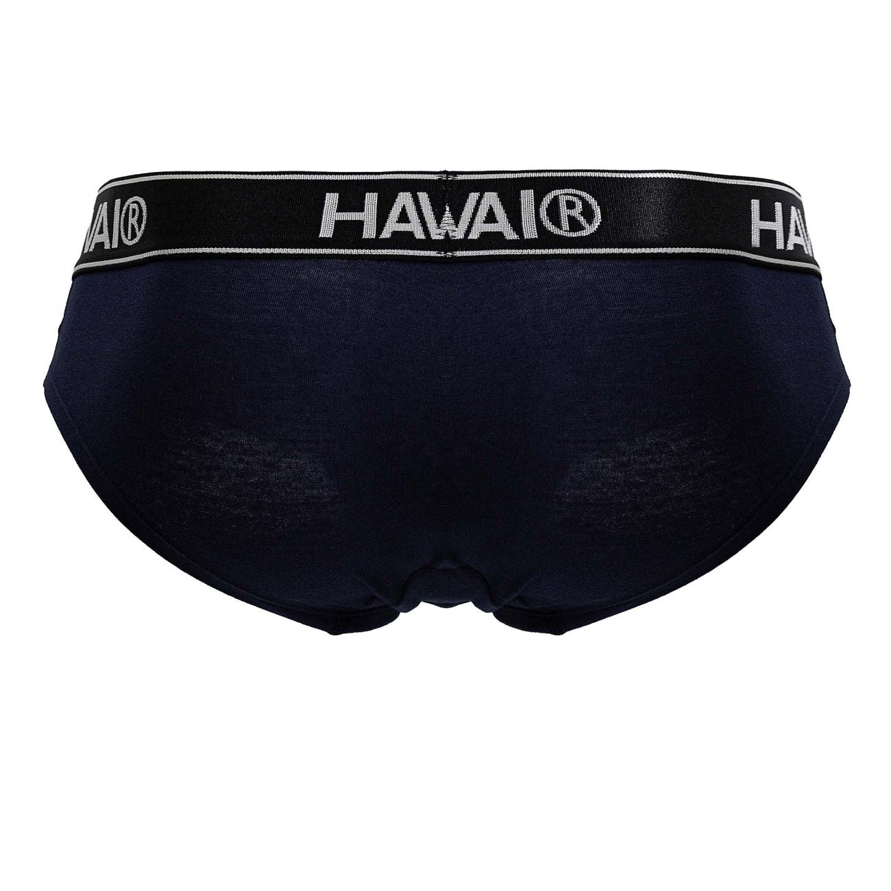 Navy blue Hawai branded cotton blend briefs with a black elastic waistband featuring white lettering