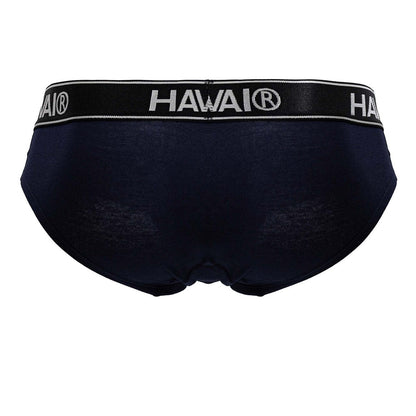 Navy blue Hawai branded cotton blend briefs with a black elastic waistband featuring white lettering