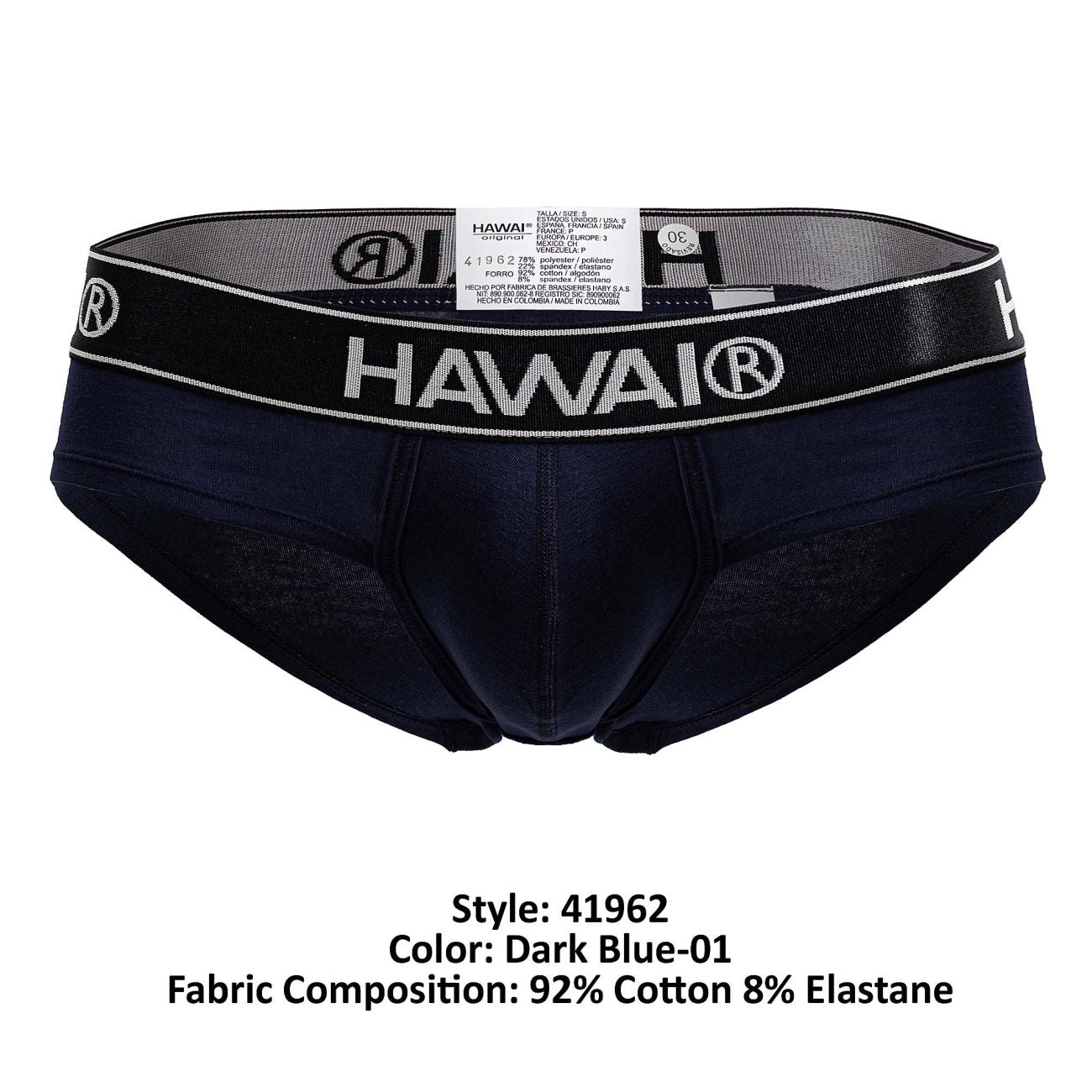 Dark blue Hawai 41962 men’s cotton blend briefs with black elastic waistband featuring white lettering and logo