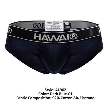 Dark blue Hawai 41962 men’s cotton blend briefs with black elastic waistband featuring white lettering and logo