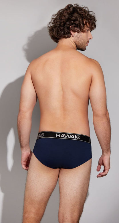 Navy blue havai cotton blend briefs with black waistband featuring white havai brand name lettering