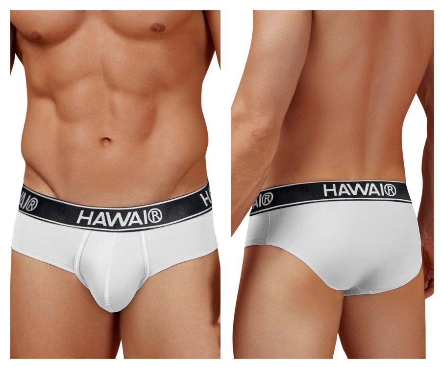 White havai cotton blend briefs in white with black elastic waistband featuring brand name in white lettering