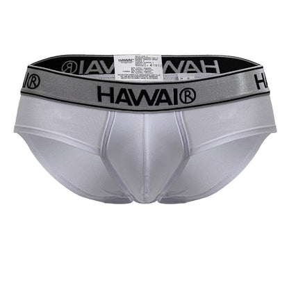 White hawai brand white cotton blend briefs with silver and black elastic waistband for comfortable everyday wear