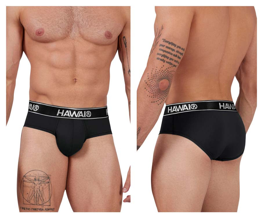 Black hawai 41963 black microfiber briefs with a white logo band showcasing front product design