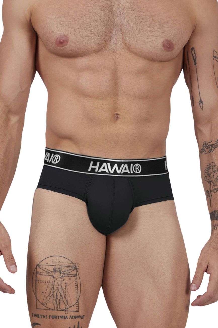 Black Hawa microfiber briefs with white elastic waistband featuring bold brand name for comfortable everyday wear
