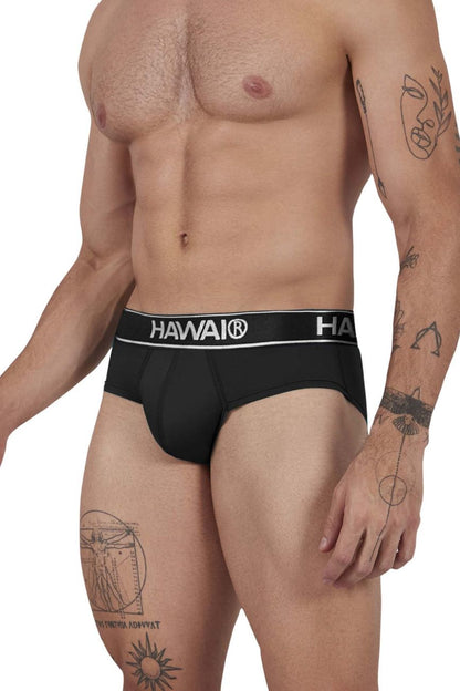 Black havai microfiber men’s briefs with a white logo band designed for comfort and support