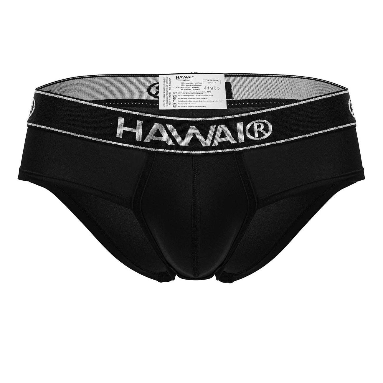 Black Hawai 41963 microfiber briefs in black with a sleek form-fitting design and silver-trimmed waistband