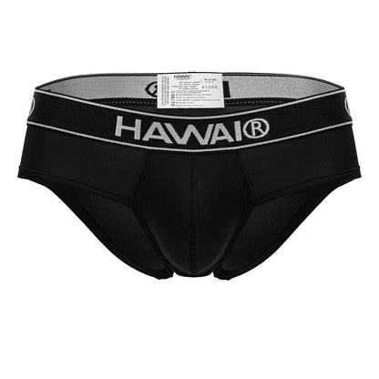 Black Hawai 41963 microfiber briefs in black with a sleek form-fitting design and silver-trimmed waistband