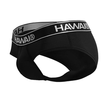 Black Hawai microfiber briefs in black with contrasting gray and white elastic waistband featuring bold logo lettering